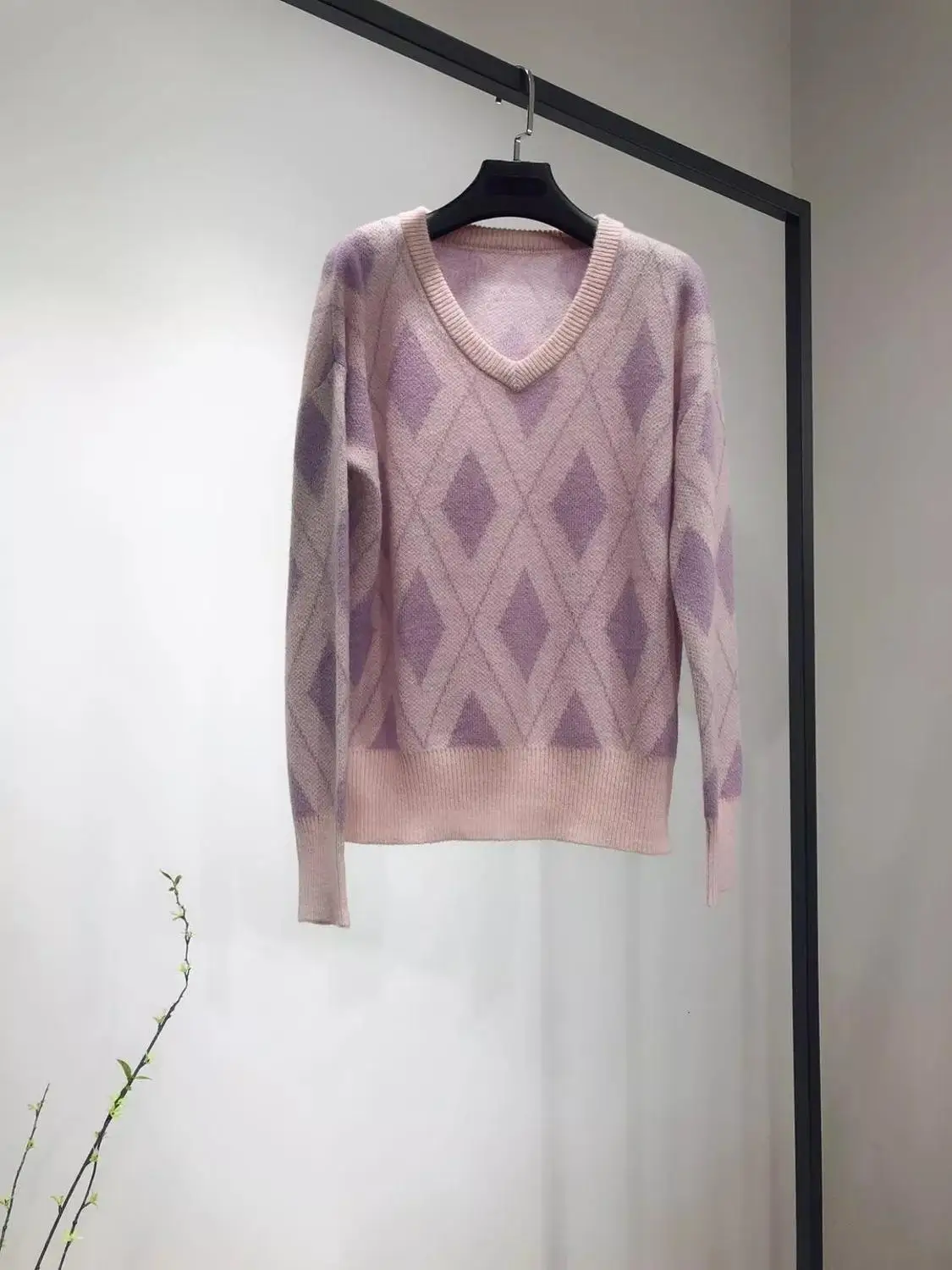 

2019 Spring Autumn New Women Sweater Light Purple Mohair Print Loose Off shoulder Sweater