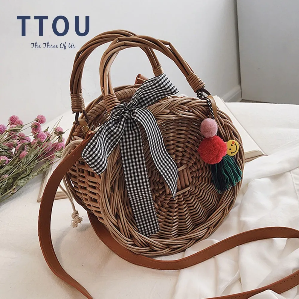 

TTOU Handmade Woven Beach Handbag For Women Bag Travel Handbag Round Straw Bag Rattan Woven Tassel Beach Shoulder Crossbody Bags