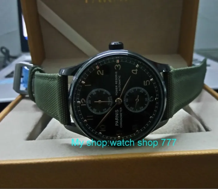 

43mm PARNIS pilot power reserve Automatic Self-Wind Mechanical movement men's watch PVD case Nylon green strap zdgd93a