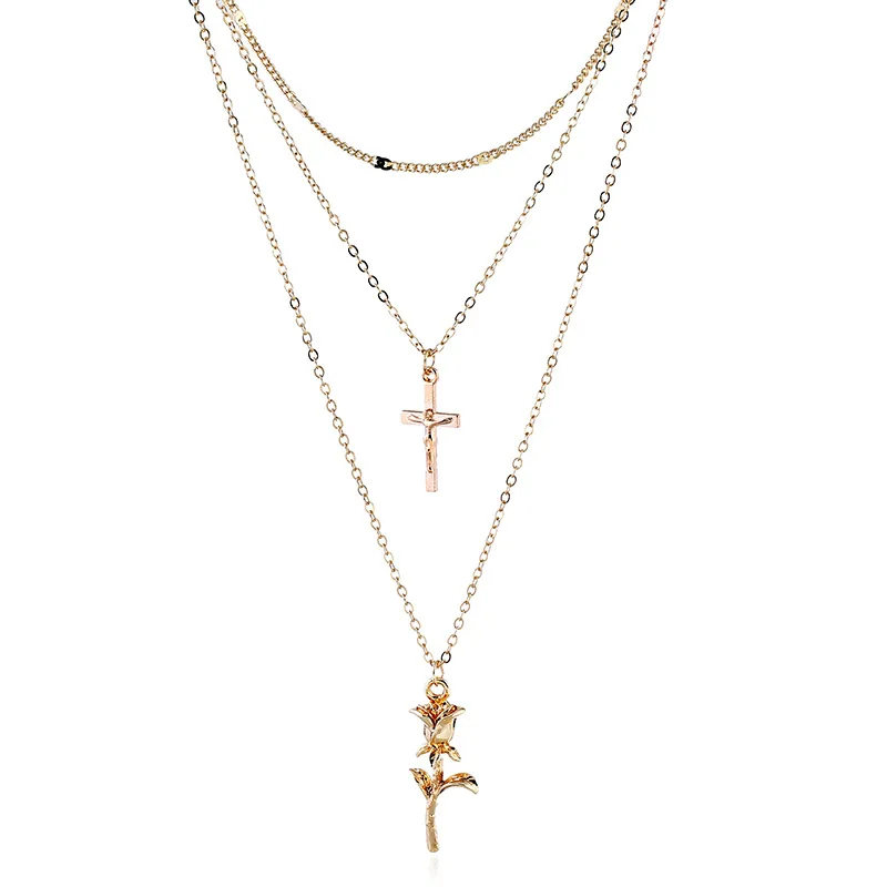 

New Vintage Gold Color Multilayer Rose Cross Choker Pendant Necklace For Women Bohemian Maxi Statement Boho Collar Jewelry Gift