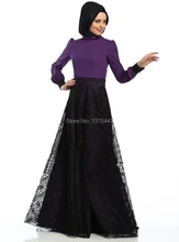 Ausgefallene Muslimischen Frauen Lila Langarm Prom Kleider Vestido De Festa 2016 High Neck Black Lace Dubai Kaftan Lange Abend kleider