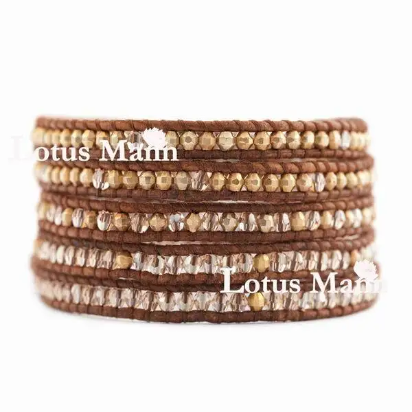 

Lotus mann Golden Shadow and Indian Bead Wrap Bracelet on Natural Brown Leather