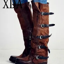 XDA/женские высокие сапоги в жокейском стиле из нубука на плоской подошве в стиле панк; сезон осень-зима; высокие мотоботы с пряжкой в западном стиле; женская обувь; Размеры 35-43