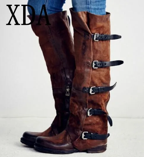 

XDA Ladies Flat Punk Nubuck Riding long Boots Autumn Winter High Top Buckle Western Motorcycle Boots women Shoes Size 35-43
