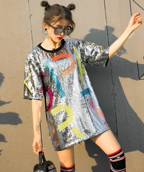 

Tumblr Sequined Kpop Rushed Polyester Cotton Long Korean Unicorn Women Free Shipping 2020 New Loose Sequins Tops T-shirts Tide