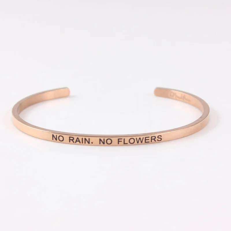 

2018 316L Stainless Steel Bangle Engraved NO RAIN,NO FLOWERS Positive Inspirational Mantra Bracelets for Women