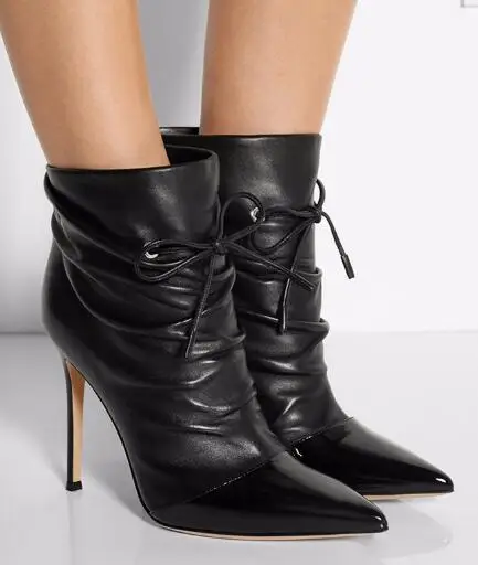 

Spring and autumn woman black pointed toe high heel ankle boots Ladies pleated lace-up thin heel short boots Dress shoes