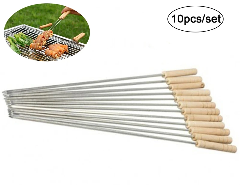 10PCS STAINLESS STEEL BBQ SKEWERS WOODEN HANDLE METAL SKEWERS BARBECUE SKEWERS NEDDLE OUTDOOR