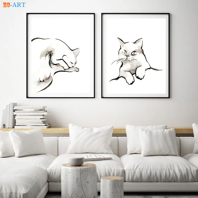 

Cute Minimal Cat Print Watercolor Painting Modern Wall Art Brown Large Poster Canvas Painting Kids Room Home Decor Framed