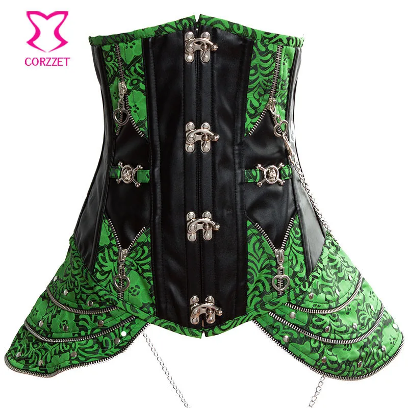 

Green Brocade&Leather Bustier Sexy Steampunk Corsets And Bustiers Steel Boned Waist Trainer Underbust Corset Plus Size Korsett