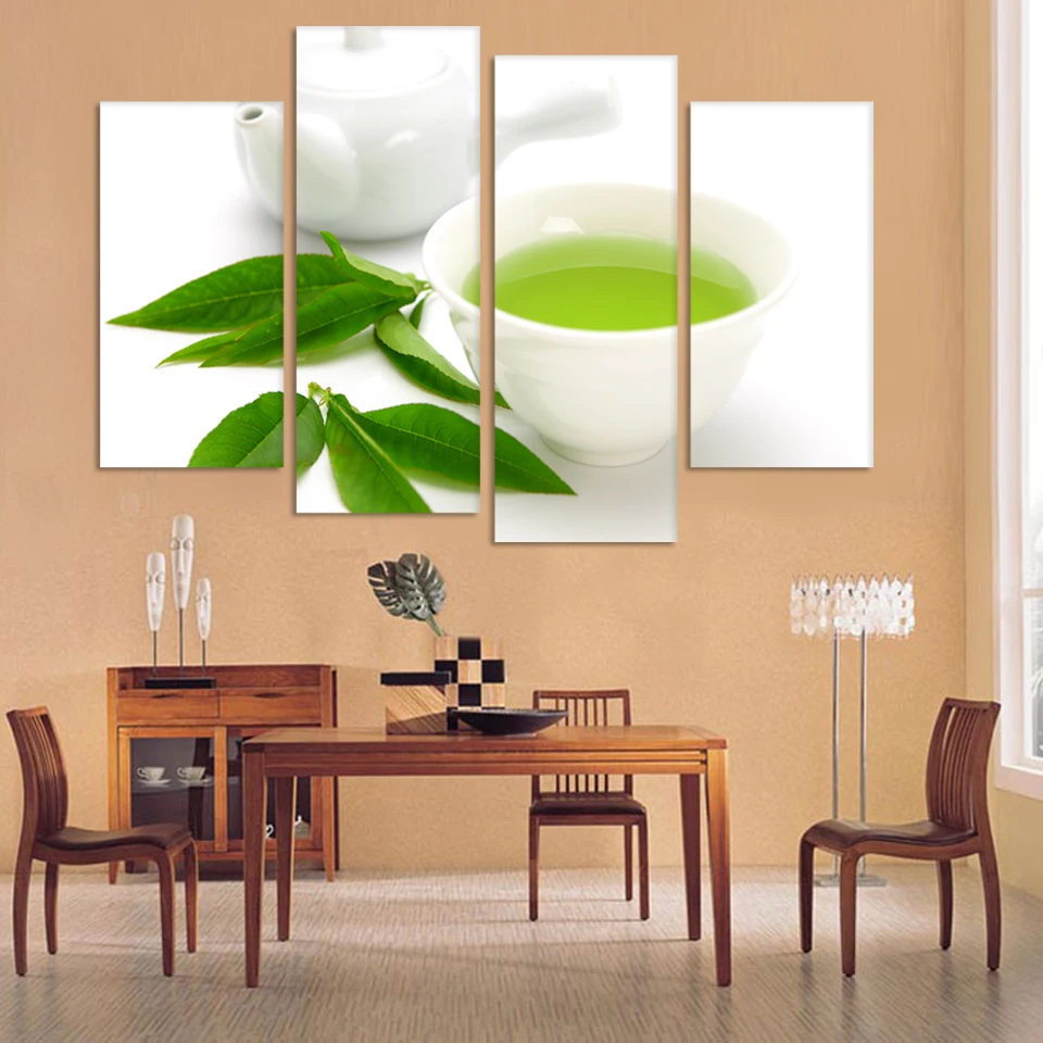 Wall Art 4 Piece Canvas Kitchen Modern Wall Green Tea Painting Home Art