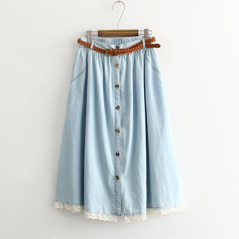 

Summer 2018 Women Cotton Denim Skirt Femme Mori Girl Style Lace Patchwork Single Breasted Pleated Jean Skirt Long Saias Belted
