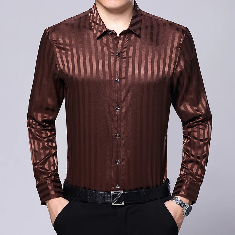 Prix 2017 Nouveau automne et printemps hommes chemise de soie casual male de mode rayé à manches longues mince soie satin robe chemises