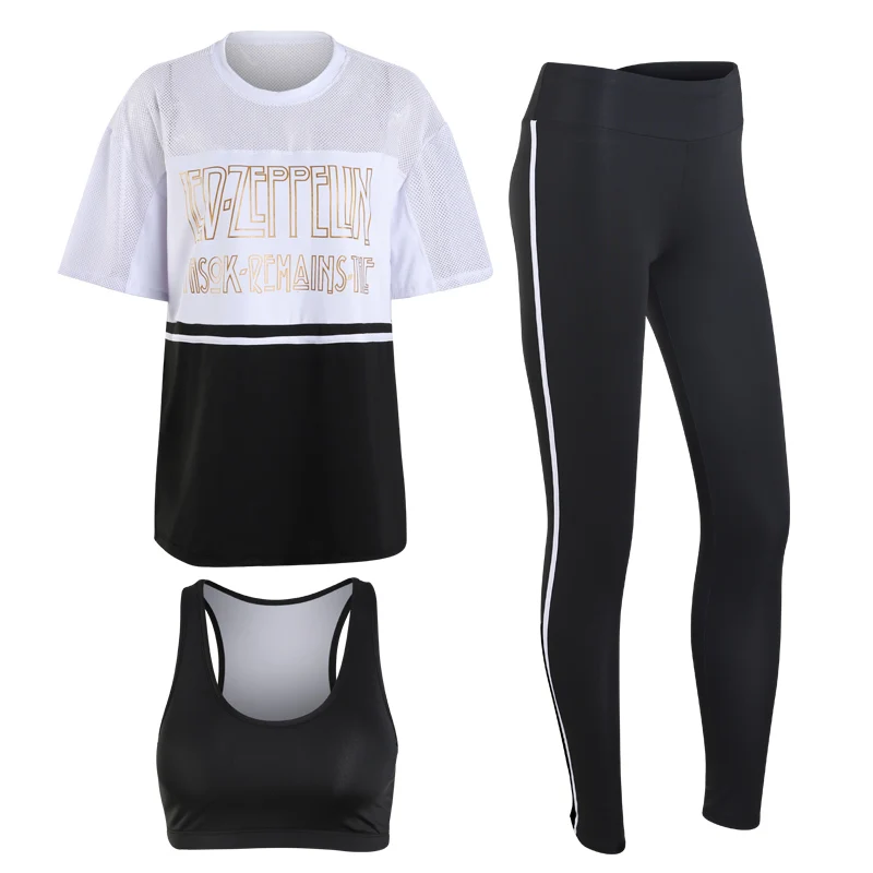 

Brand Fitness Women Yoga 3 in 1 Set Black Sport Pants & Bra & Patchwork Letter T-shirts Gym Clothes Sportswear Outdoor Jogging
