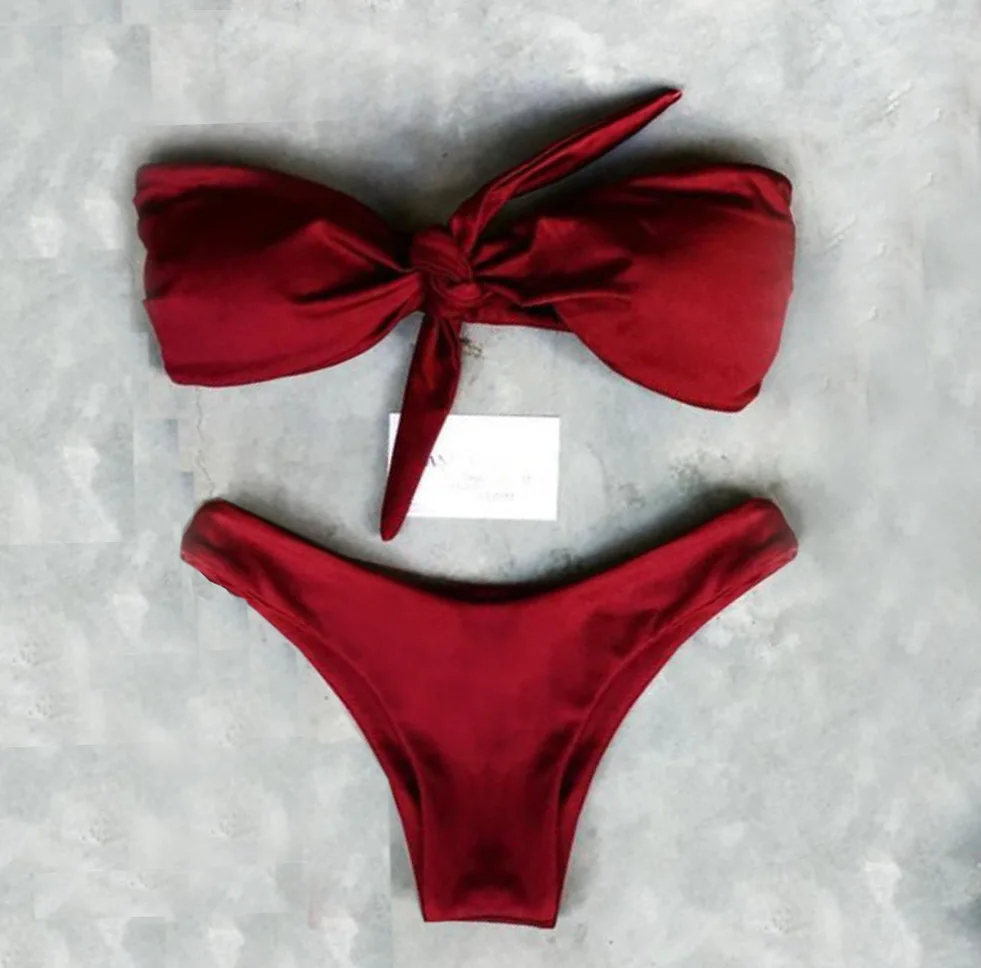 

Bowknot Bikinis 2019 Strapless Bandeau Bikini Set High Cut Thong Bikini Swimming Suit For Women Maillot De Bain Biquini