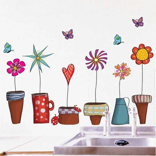 Pot plant and flower butterfly window hand drawing decals TV backdrop stickers vinilos paredes DIY room decoration WZK019 | Дом и сад
