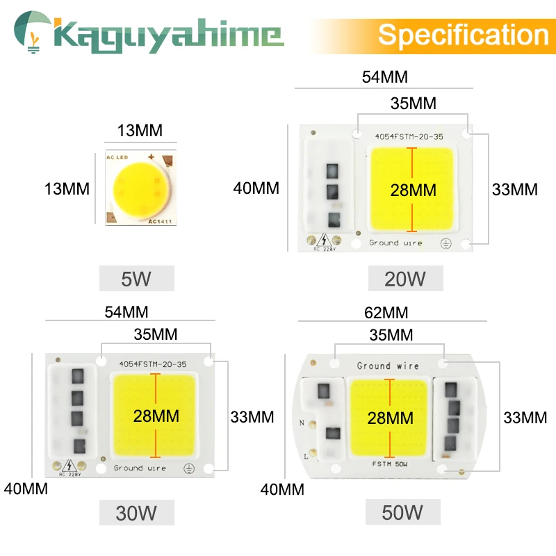 Kaguyahime COB LED Chip 220V 5W 20W 30W 50W Smart IC Integrated Cob Chip DIY For LED Floodlight Spotlight Lamp Beads Grow Light