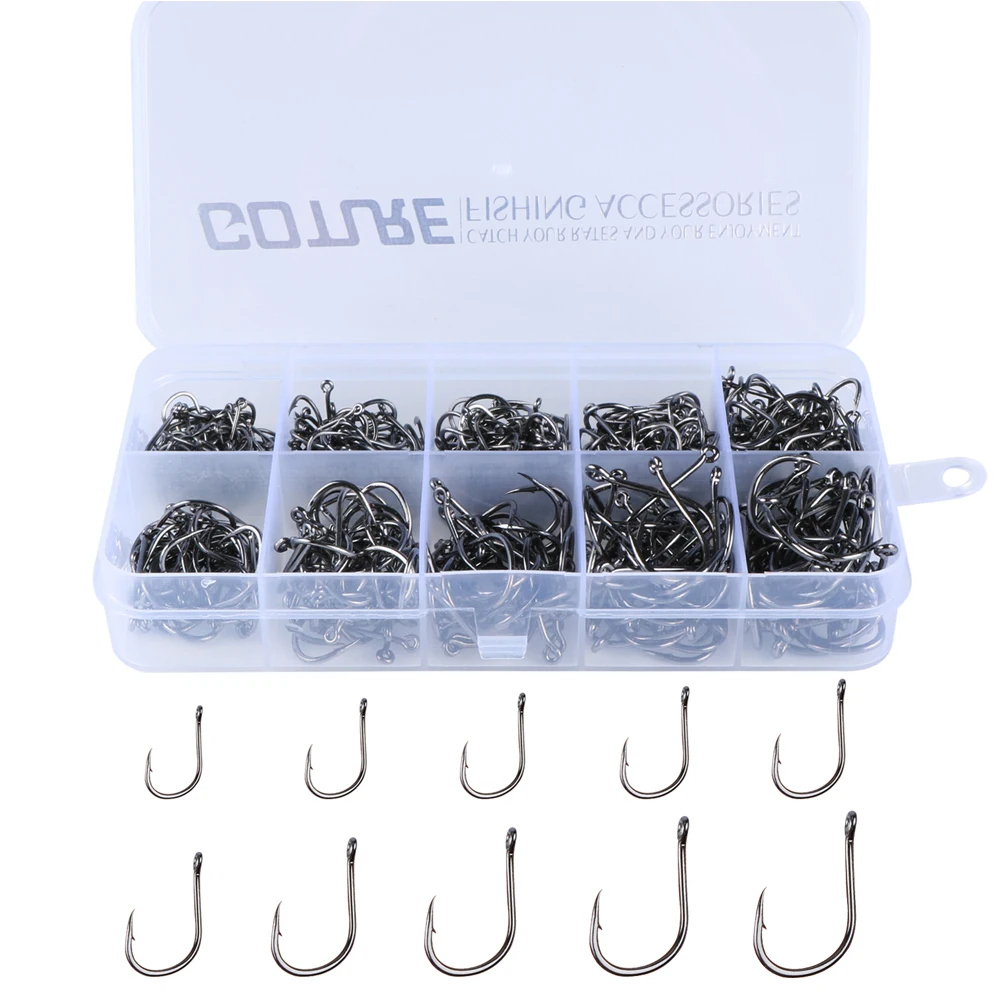 

Goture 500pcs Carbon Steel Fishing Hook Set Fishhook with Hole Fishing Tackle Box 3# -12# 10 Sizes Fish Hooks