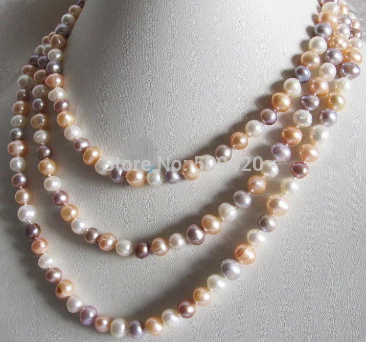 

Free Shipping 54" 6-8mm Multi Color Freshwater Pearl Necklace White Peach Pink Lavende