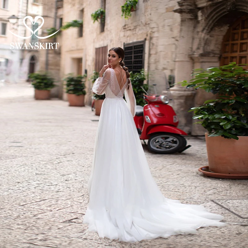 Swanskirt, романтическое свадебное платье с аппликацией из бисера и шлейфом,, сексуальное свадебное платье принцессы с длинным рукавом, Vestido de Noiva K144