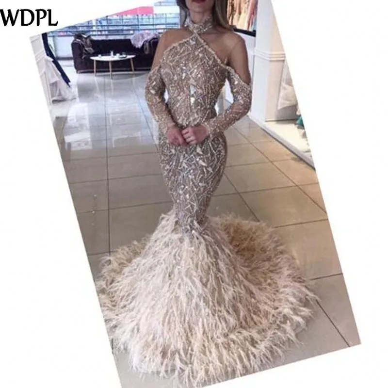 

Custom Made Party Dress Sexy Prom Gowns Crystals Huge robe de soiree Mermaid Champagne Formal Dresses Long Sleeves Feathers