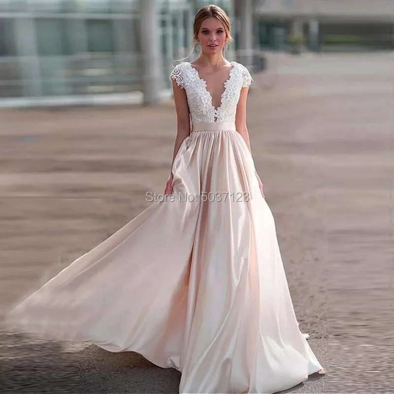 

A Line Satin Wedding Dresses Deep V Neck Lace Appliques Cap Sleeves Button Illusion Robe De Mariée Vestido De Noiva Bridal Gown