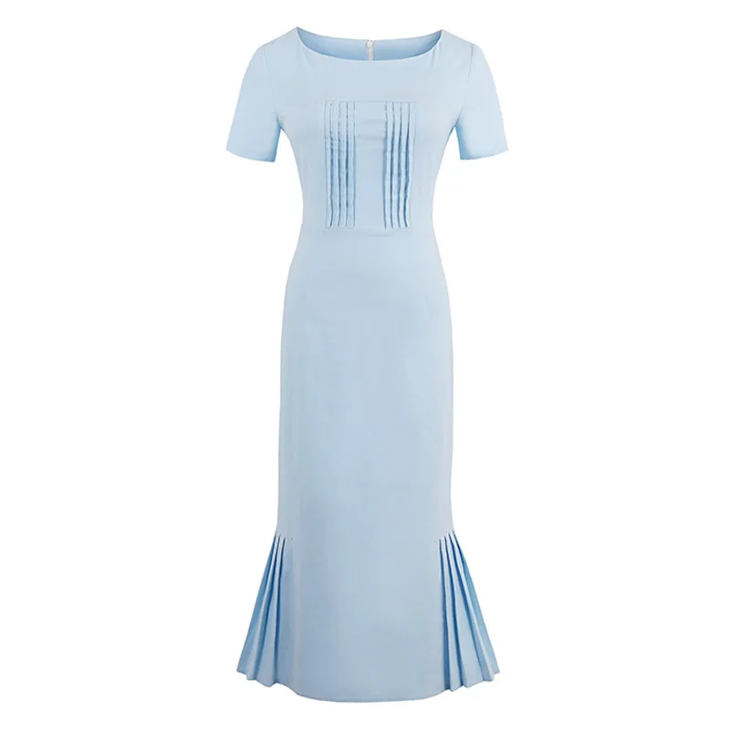 

Sisjuly 2019 New Summer Women Retro Bodycon Dress Light Blue Sheath Mid Calf Female Elegant Mermaid Style O Neck Vintage Dresses