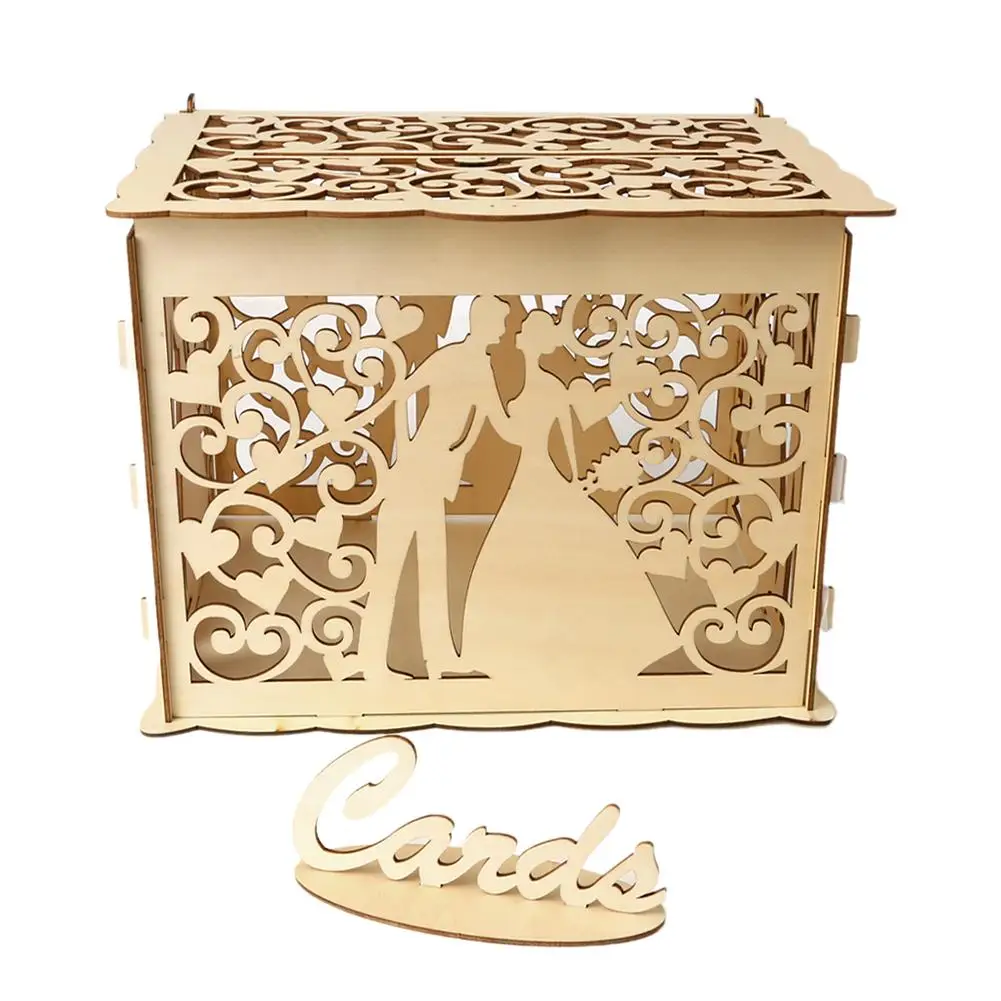 Деревянные Свадебные принадлежности DIY пара олень птица Цветы Сетка Коробка для визиток Свадебная коробка для хранения Коробка для приглашения на свадьбу - Цвет: B