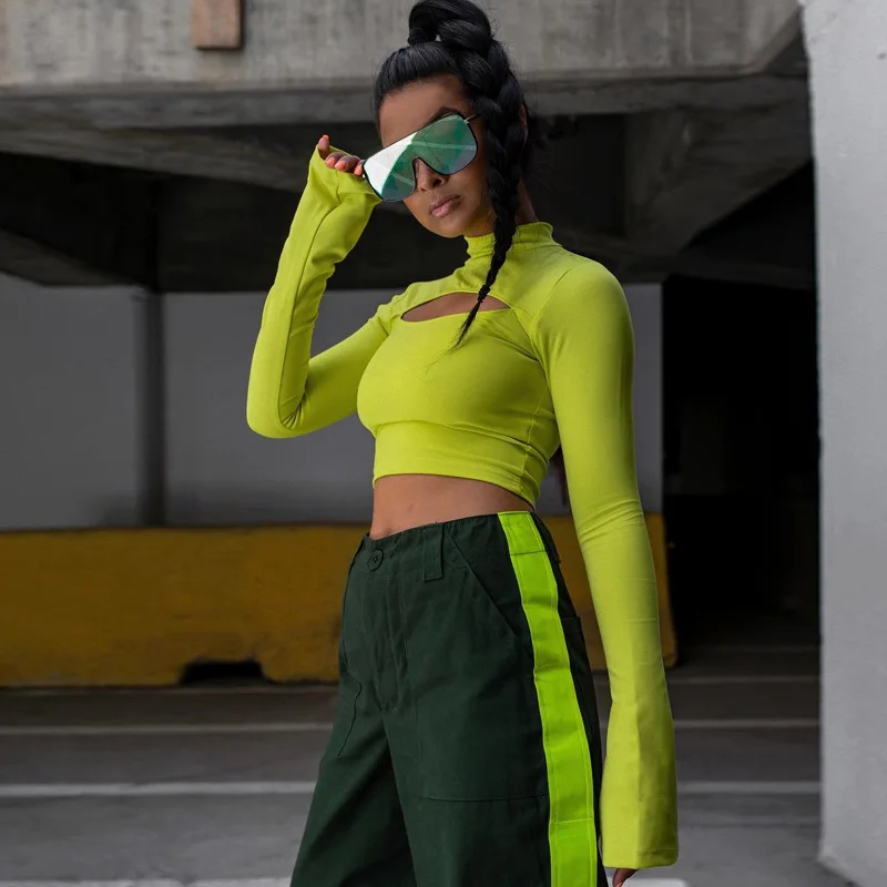 

2018 Sexy Women Hollow Out Candy Color T Shirts Long Sleeve Outwear Navel Bare Cropped Tops Tees Mujer Slim Turtleneck T Shirt