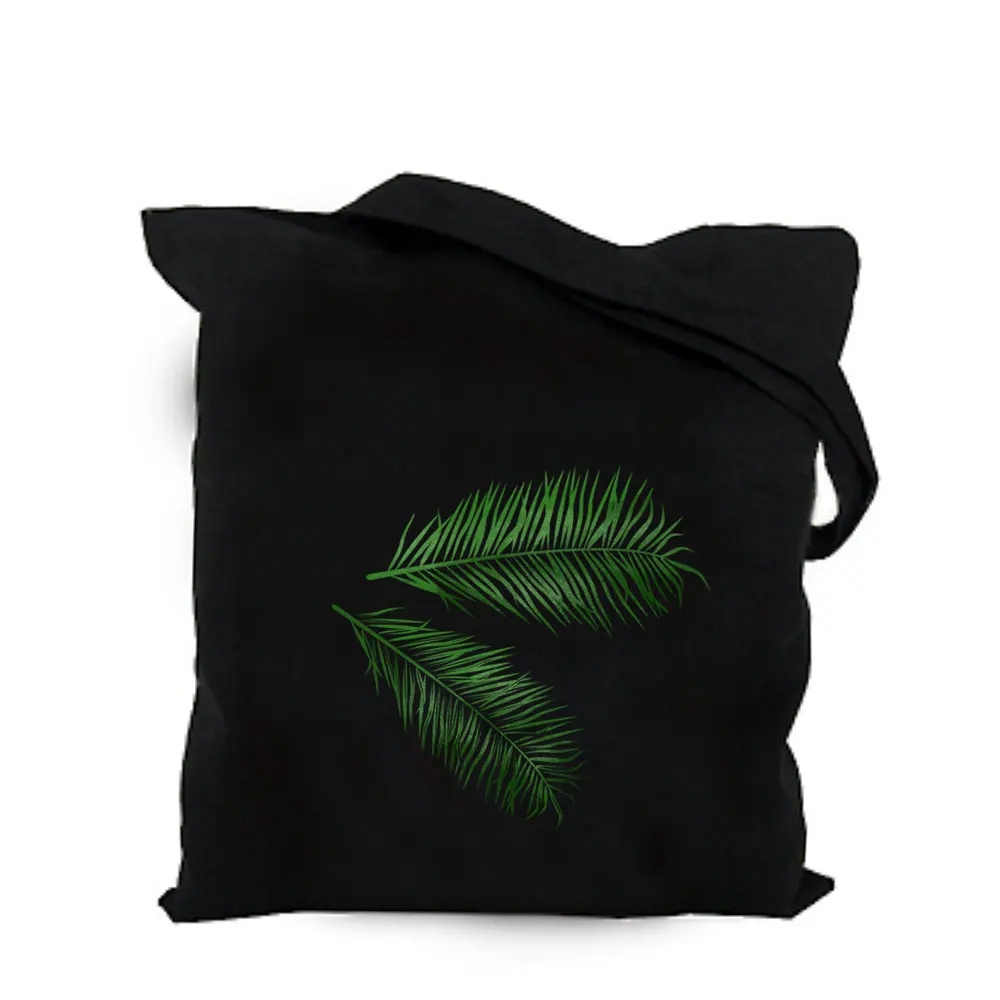 2019 green plant leaf black cotton canvas bag customized eco girl tote bag custom made shopping bags with logo for men or women  (6)