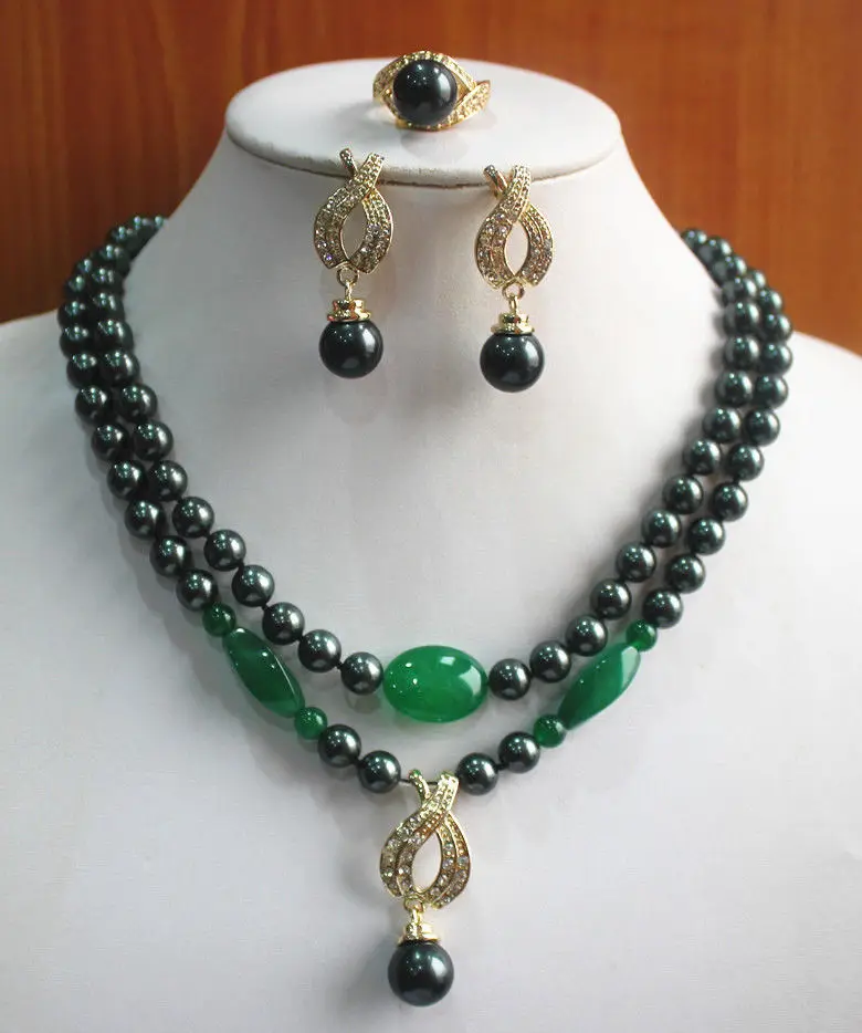 

Free Shipping >>>>> New Fashion 8mm 2 Rows Black Shell Pearl Necklace Earring Ring Jewelry Set