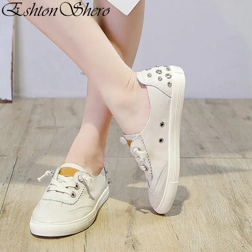 

EshtonShero Spring Women's White Shoes Genuine Leather Lace Up Flat Heel Round Toe Fashion Rivet Casual Flats Shoes Size 4-9