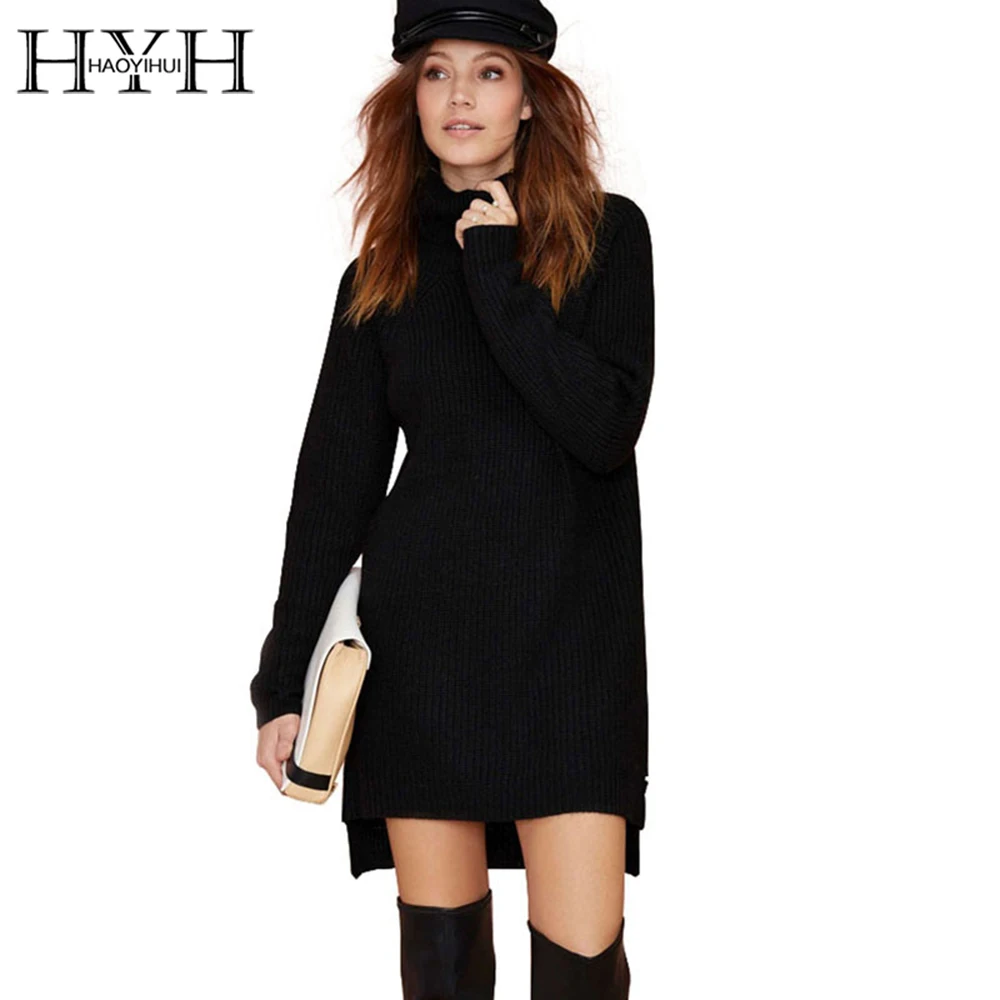 

HYH HAOYIHUI 2016 Brand New Autumn Women Fashion High Collar Slim Casual Loose Long Sleeve Solid Black Straight Pullover Sweater