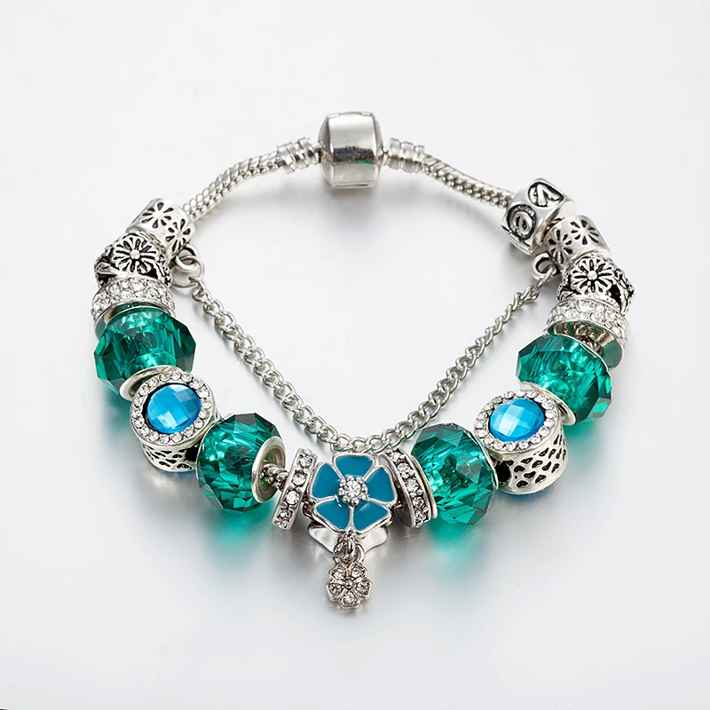 

ANNAPAER Flower Charm Bracelet with Green Crystal Beads Bracelets & Bangles FOR Women DIY Jewelry Dropshipping B16097