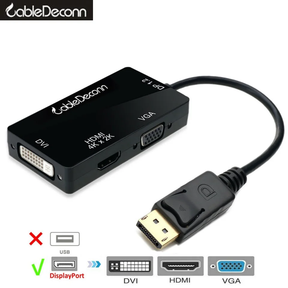 Displayport Hub Dp To Hdmi Vga Dvi Converter 3 In1 Adapter 4k*2k Cable Male To Female Multi Vga