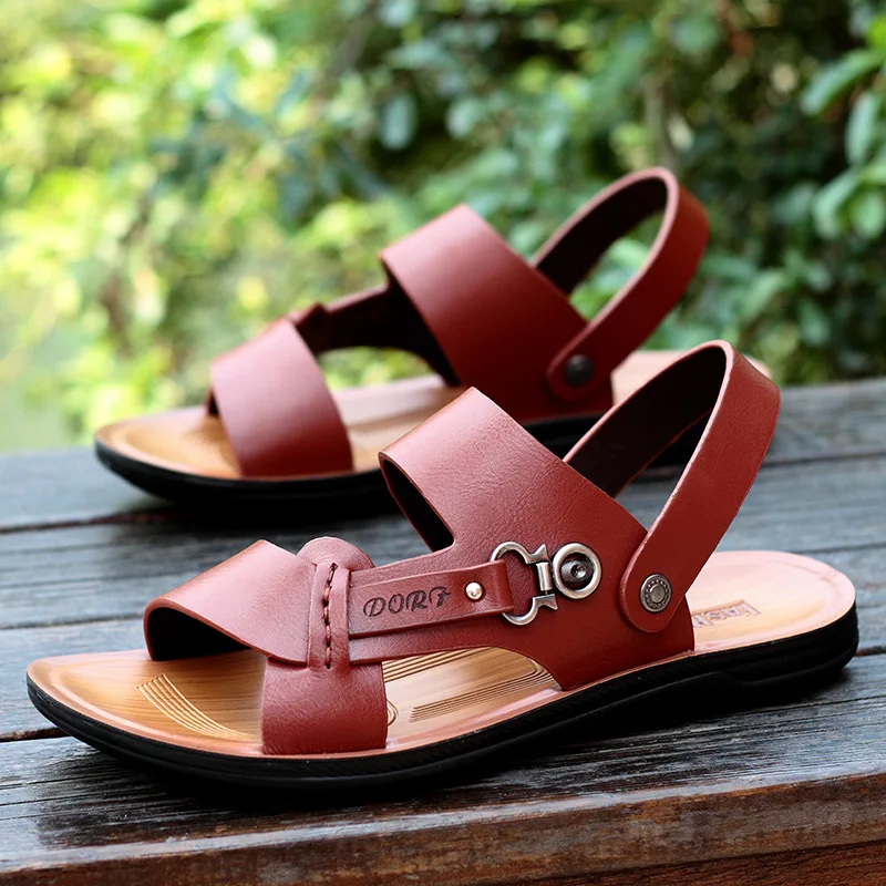 

2019 Summer New Men's Open Toe Sandals Fashion Metal Buckle Decoration Soft Trend Beach Shoes Two Wear Design