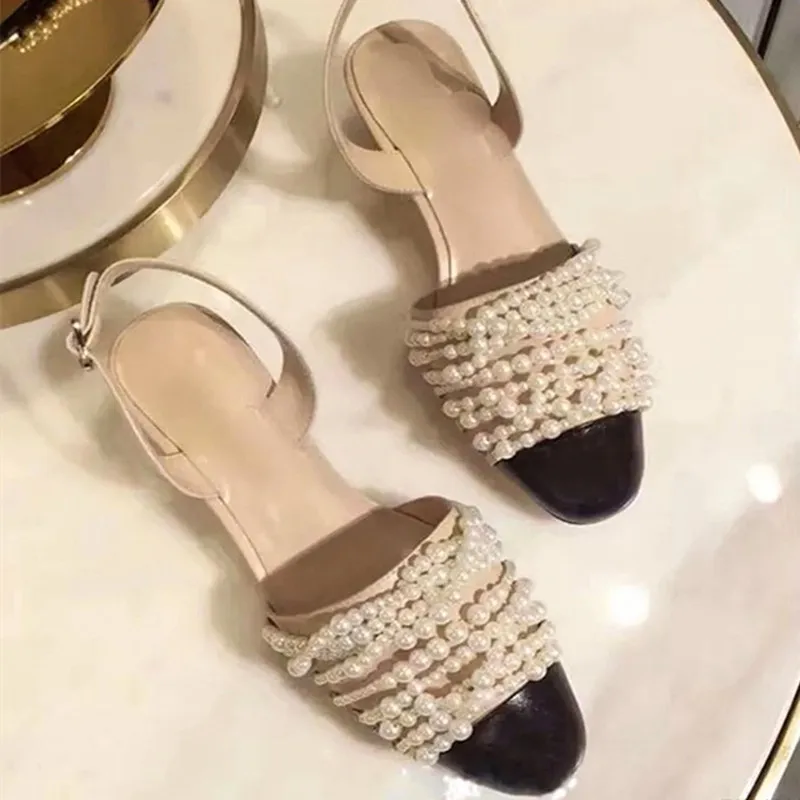 

Buckle Strap Sandals Chaussures Femme Pearl String Bead Summer Shoes Woman Square heel Luxury Sandalias De Verano Para Mujer