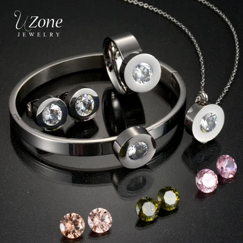 

UZone Interchangeable 4 Colors Austria Crystal Bijoux Jewelry Set CZ Crystal Stainless Steel Necklace Earring For Women Gift