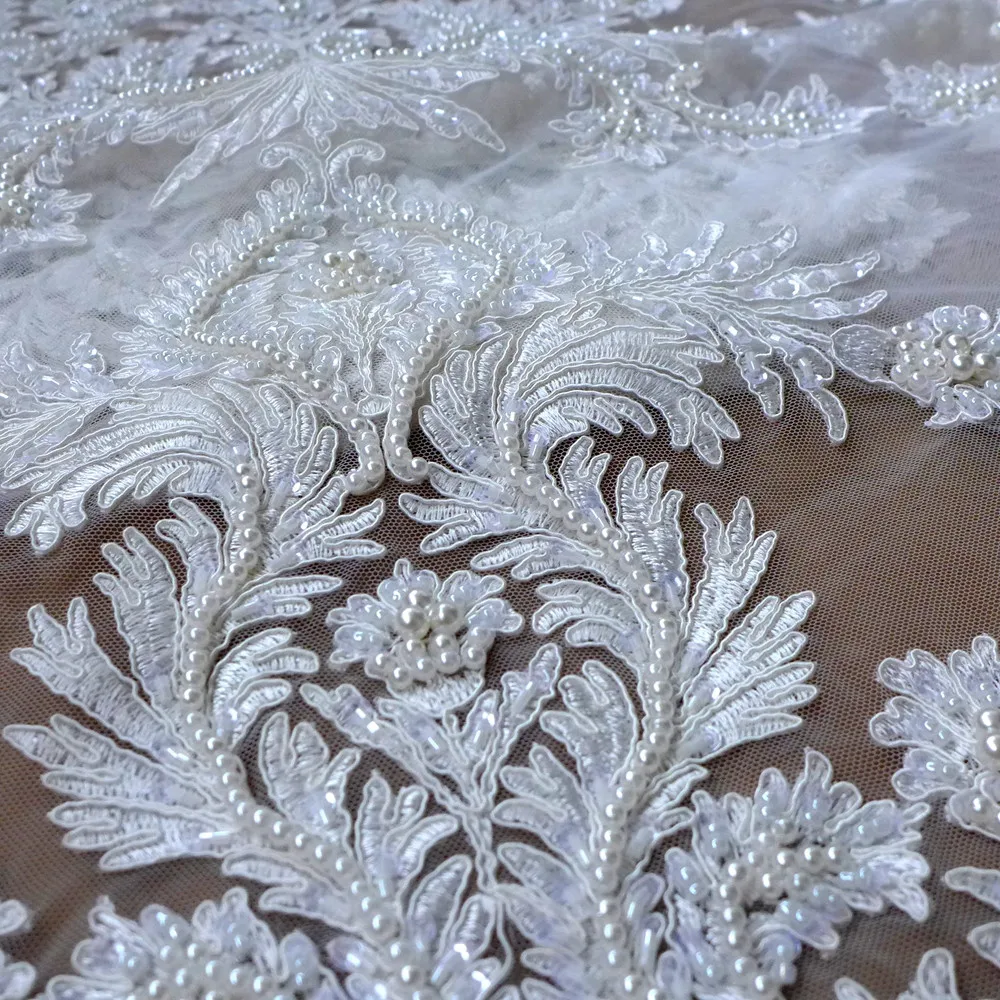 

Hot beautiful fine workmanship heavy beaded on net yarn embroidery wedding dress/high-end dress lace fabric 130cm by yard
