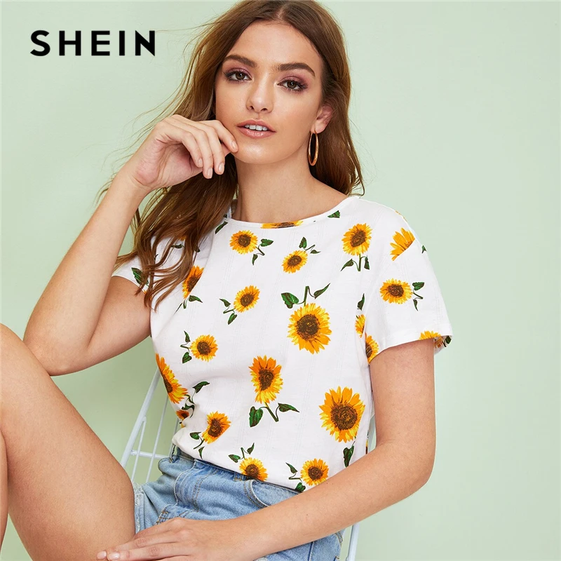

SHEIN Sunflower Print Top Women Clothing 2019 Casual White Summer Cap Sleeve Round Neck T Shirt Korean Clothes Tops