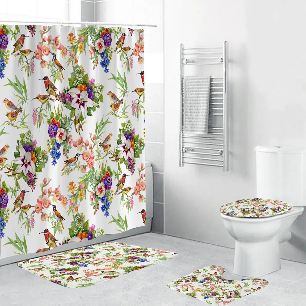 

4PCS Bathroom Curtain With Bathroom Carpet Non Slip Toilet Polyester Cover Mat Set Bathroom Shower Curtain