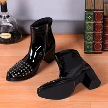 Мужские осенне-зимние ботинки мужские ботинки из лакированной кожи с заклепками на высоком каблуке вечерние ботинки черного цвета для сцены; большие размеры 38-46