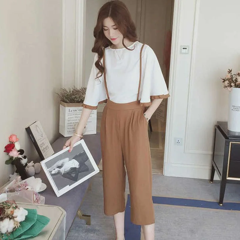 

2019 New Women Solid Color Trousers Two Piece Set Summer Fashion Butterfly Sleeve O-Neck Top And Overalls Set 2 Piece Set