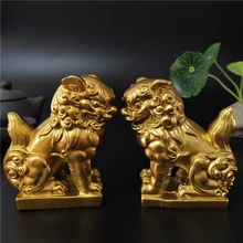 2 шт. золотые китайские статуя Львов скульптуры фигурки животных фэн шуй украшения Ремесло Сад декоративные статуэтки для дома