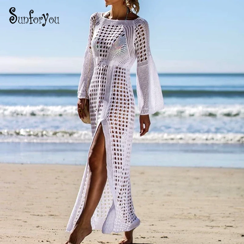 

New Knitted Bohemian Maxi Beach dress Tunic Long Sleeve Pareos 2019 Crochet Vestidos verano Hollow out Bodycon Winter Dress