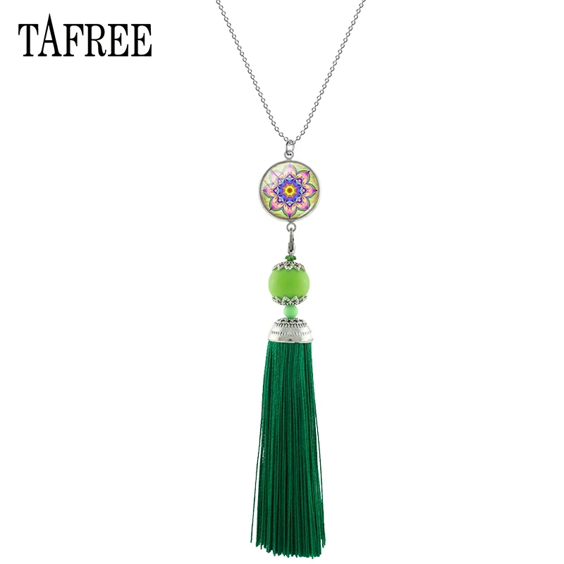 

TAFREE Classic Mandala Green Tassel Pendant Necklace Zam Yoga braid Fringed Necklaces Bohemia Pendientes Women Jewelry WNK16