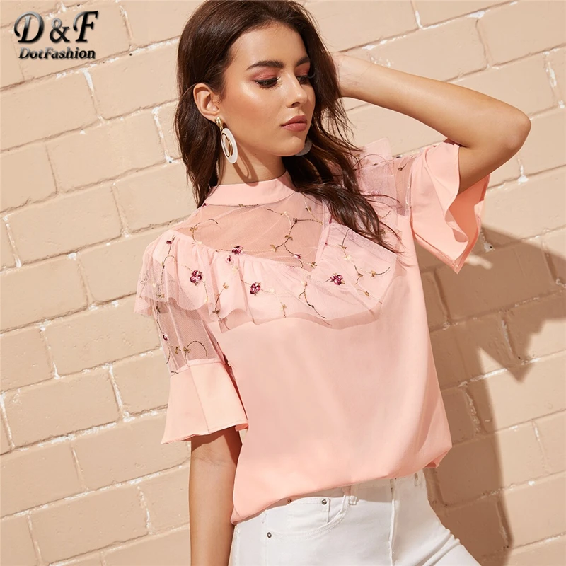 

Dotfashion Pink Contrast Mesh Embroidery Womens Tops And Blouses 2019 Summer Elegant Flounce Sleeve Clothes Ladies Korean Tops