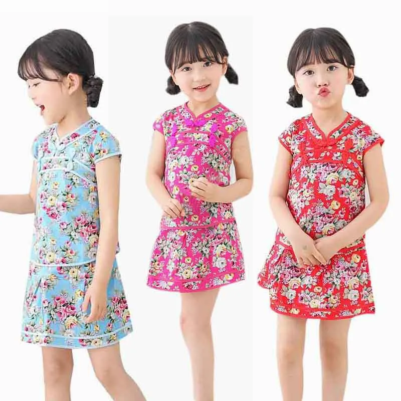 

Girls' Ethnic Style Suit Fashion Baby Girls clothes 2PCs Short Sleeve Floral Tops+Skirt Clothes Outfits Summer clothes