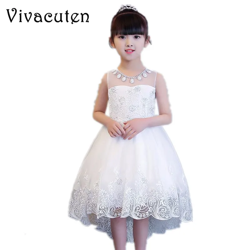 

Summer Flower Girls Dress For Wedding White Trailing Lace Kids Formal Birthday Party Princess Communion Gown Child Dress F207