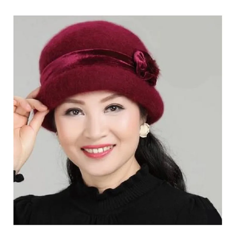 New Fashion Women Winter Hat Sets Floral Skullies Wool Mixed Rabbit Fur Warm Outdoor Knitted Beanies Baggy Headwear Cap